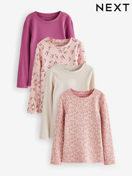 Pink Floral Rib Long Sleeve Tops 4 Pack (3-16yrs) (K86177) | € 30 - € 38