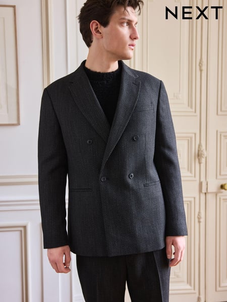 Black Textured Double Breasted Suit Jacket (K86516) | € 25