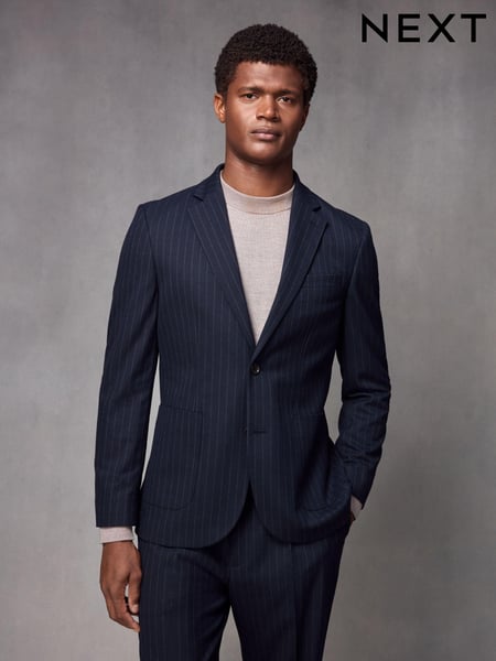 Navy Blue Slim Fit Flannel Stripe Suit Jacket (K86542) | € 26