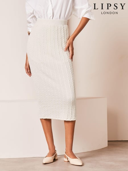 Lipsy Ivory White Cable Knit Column Midi Skirt (K86588) | € 10