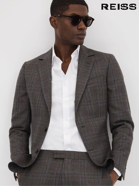 Reiss Brown Multi Fantasy Slim Fit Wool Single Breasted Check Blazer (K87111) | € 668