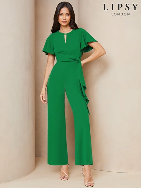 Lipsy Green Flutter Sleeve Tie Side Wide Leg Jumpsuit (K88593) | € 37