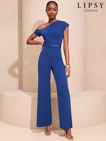 Lipsy Blue Belted One Shoulder Bardot Wide Leg Jumpsuit (K88600) | € 44