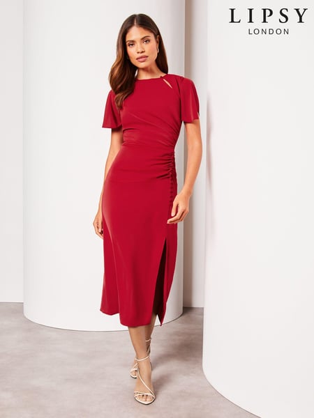 Lipsy Red Ruched Button Front Sleeved Midi Dress (K88655) | € 25