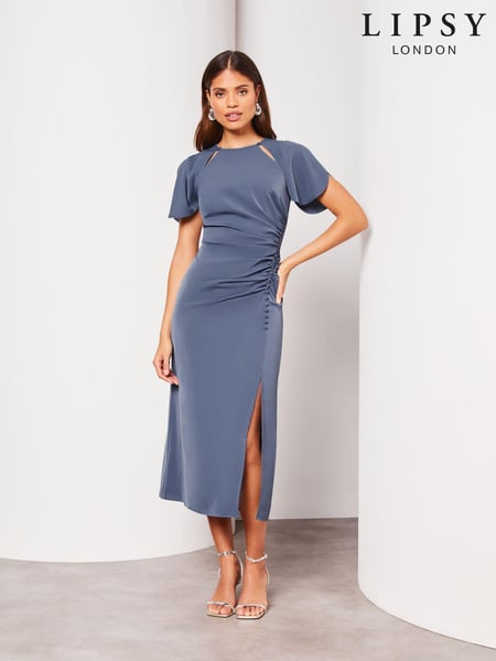 Lipsy Blue Ruched Button Front Sleeved Midi Dress (K88670) | € 50