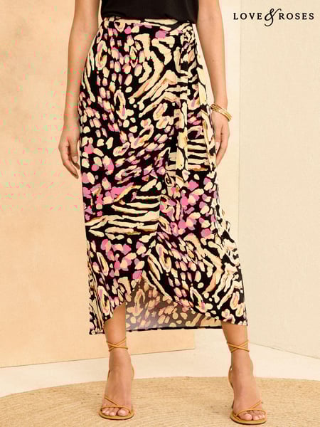 Love & Roses Black and Pink Animal Printed Jersey Midi Skirt (K90280) | € 12
