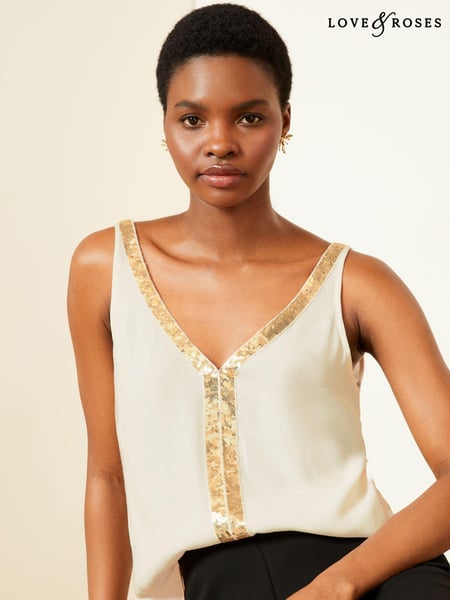 Love & Roses Ivory White Sequin Trim V Neck Vest Top (K90813) | € 9