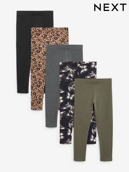 Khaki Green/Charcoal Grey/Purple Butterfly Leggings 5 Pack (3-16yrs) (K91389) | € 19 - € 28