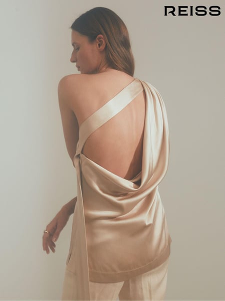 Reiss Blush Etta Atelier One-Shoulder Drape Back Top With Linen (K92292) | € 460