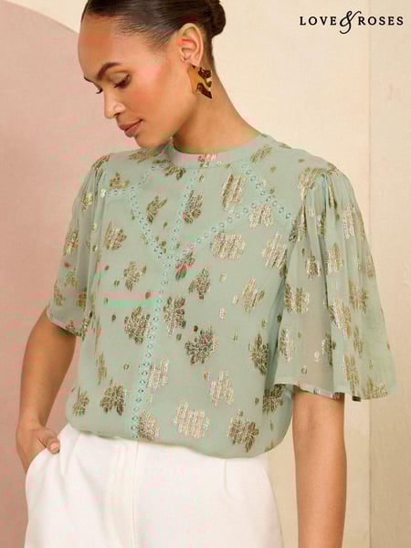 Love & Roses Green Metallic High Neck Flutter Sleeves Top (K92899) | € 11