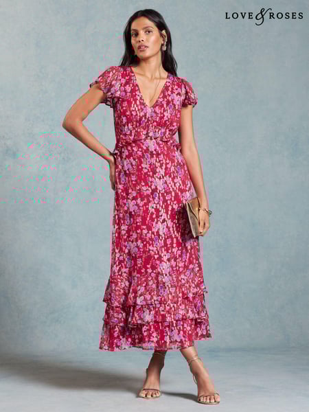 Love & Roses Red Floral Metallic Ruffle Detail Cap Sleeve Midi Dress (K94142) | € 32