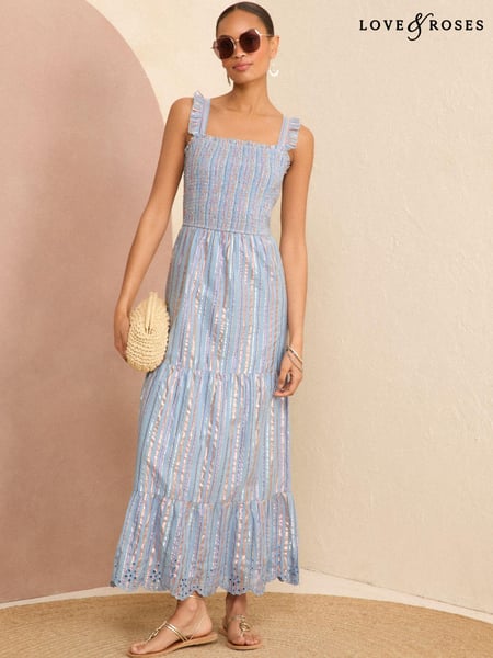 Love & Roses Blue Metallic Strappy Shirred Maxi Summer Dress (K94171) | € 43