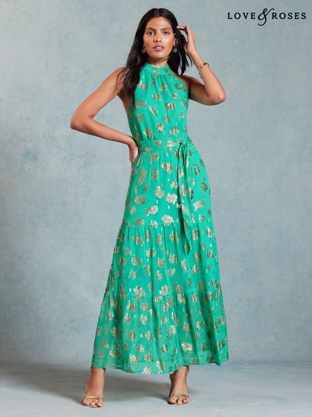 Love & Roses Green Metallic Halterneck Belted Ruffle Maxi Dress (K94214) | € 20