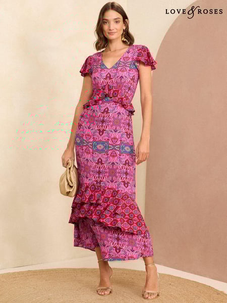 Love & Roses Pink Tile Ruffle Detail Cap Sleeve Midi Dress (K94232) | € 43
