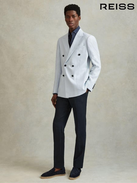 Reiss Soft Blue Kin Double Breasted 100% Linen Slim Fit Blazer (K95870) | € 512