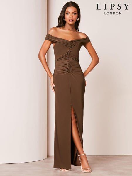 Lipsy Brown Bardot Ruched Front Maxi Dress (K96102) | € 31