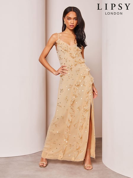 Lipsy Champagne Gold Sequin Ruffle Cami Summer Maxi Dress (K96138) | € 28