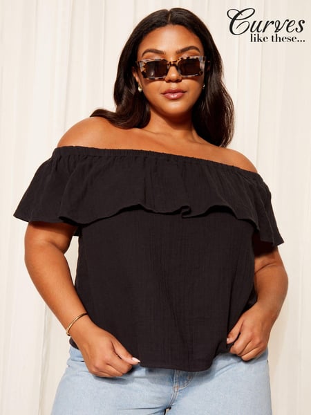 Curves Like These Black Linen Look Bardot Top (K96423) | € 20