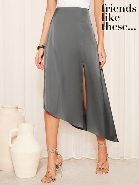 Friends Like These Grey Asymmetrical Satin Midi Skirt (K96859) | € 23