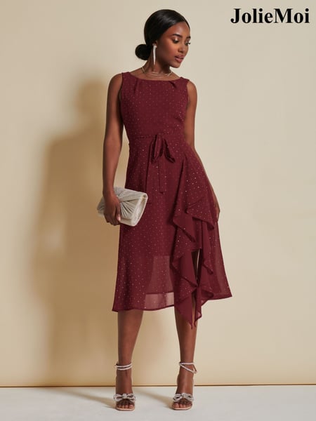 Jolie Moi Red Embellished Frill Hem Chiffon Dress (K98124) | € 20