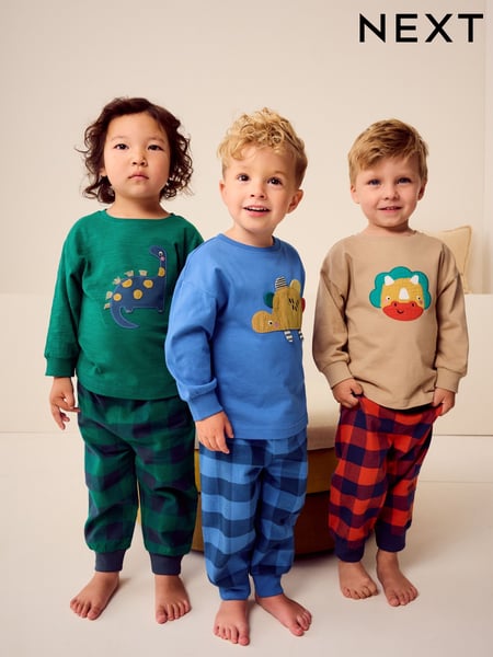 Green/Orange/Blue Dinosaur Check Woven Bottom Pyjamas 3 Pack (9mths-8yrs) (K98565) | € 45 - € 54