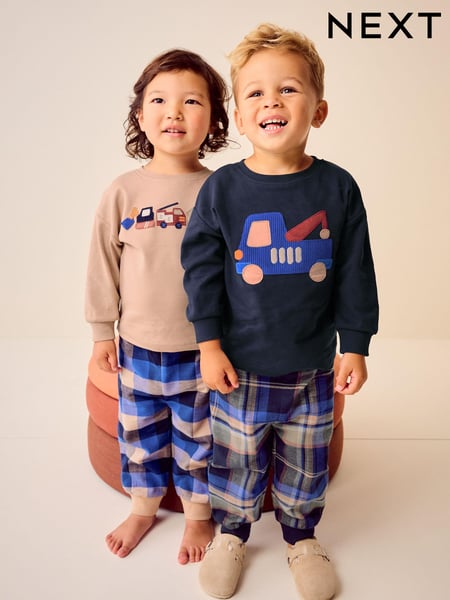 Blue/Neutral Transport Woven Bottom Check Pyjamas 2 Pack (9mths-8yrs) (K98571) | € 31 - € 40