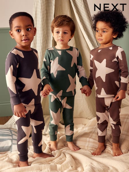 Green/Ecru/Brown Stars 3 Pack Snuggle Pyjamas (9mths-10yrs) (K98601) | € 33 - € 41