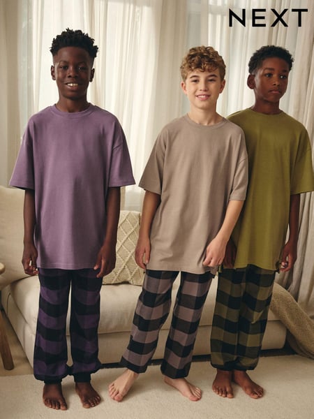 Purple/Neutral/Citrine Yellow Short Sleeve Woven Bottom 100% Cotton Pyjamas 3 Pack (3-16yrs) (K99144) | € 35 - € 43