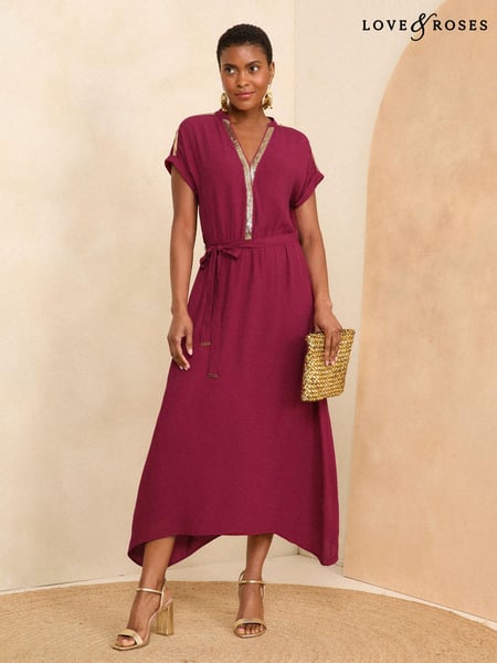 Love & Roses Burgundy Red Sequin Trim Hanky Hem Short Sleeve Midi Dress (K99449) | € 47