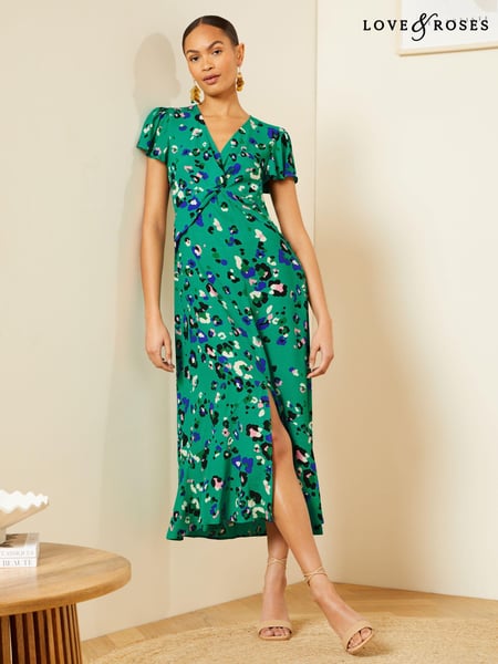 Love & Roses Green Animal Twist Detail V Neck Front Split Midi Dress (K99476) | € 39