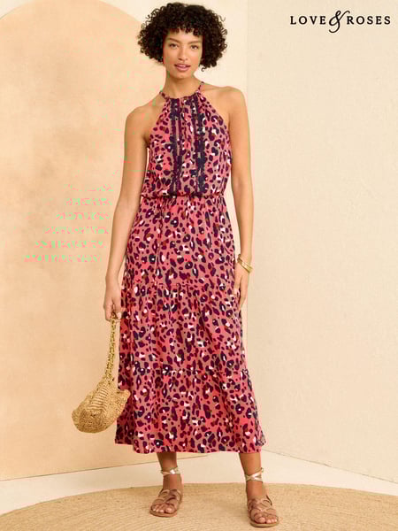 Love & Roses Pink Animal Trim Detail Halterneck Midi Dress (K99481) | € 31
