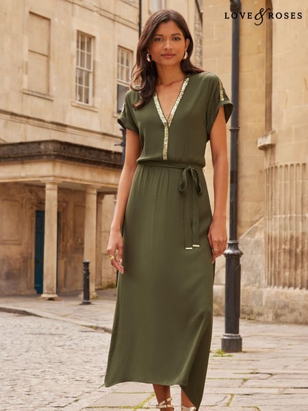 Love & Roses Khaki Green Sequin Trim Hanky Hem Short Sleeve Midi Dress (K99515) | € 94