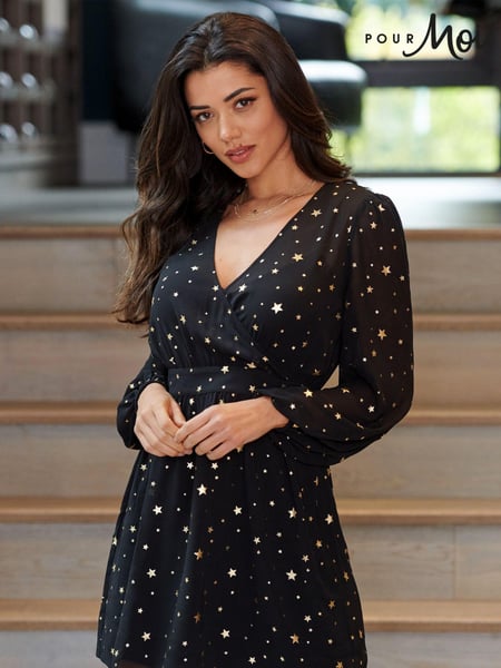 Pour Moi Black Gold Star Fuller Bust Natalya Metallic Star Chiffon Puff Sleeve Dress (L00484) | € 43