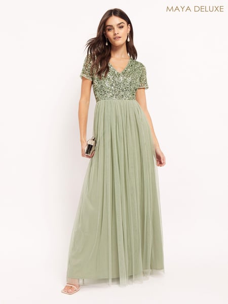Maya Green V Neck Short Sleeve Sequin Maxi Dress (L08580) | € 56