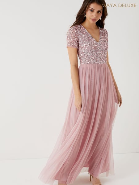 Maya Pink Petite V Neck Short Sleeve Sequin Maxi Dress (L09861) | € 70
