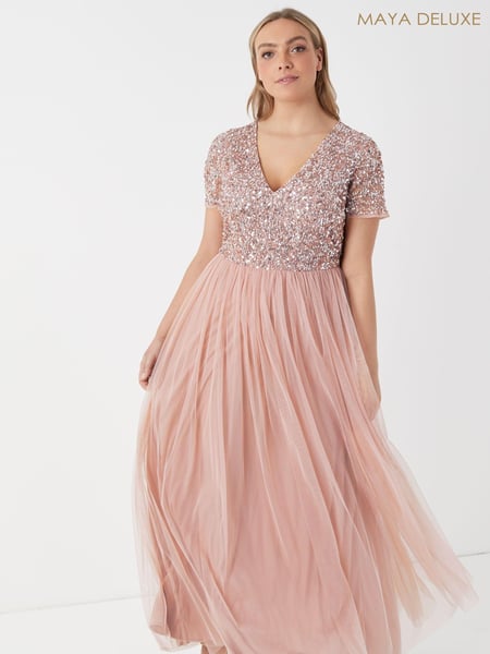Maya Pink Curve V Neck Short Sleeve Sequin Maxi Dress (L09863) | € 28