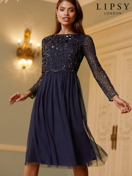 Lipsy Navy Petite Natalie Embellished Sleeved Bridesmaid Midi Dress (L52732) | € 91