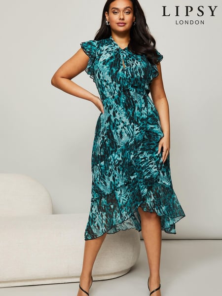 Lipsy Green Multi Curve Printed Keyhole Ruffle Fit and Flare Midi Dress (L84241) | € 39