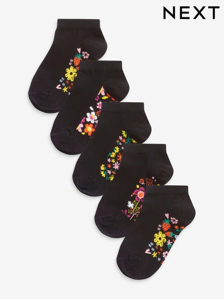 Black Floral 5 Pack Cotton Rich Footbed Trainer Socks (M01597) | € 9 - € 11