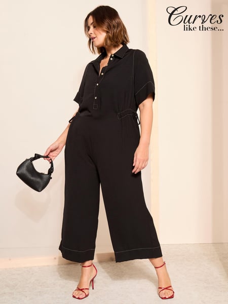 Curves Like These Black Contrast Stitch Utility Wide Leg Jumpsuit (M02926) | € 33