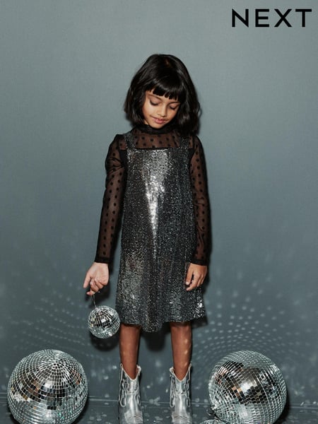 Black 2-In-1 Mesh Top And Silver Sequin Party Dress (3-16yrs) (M66878) | € 6 - € 8
