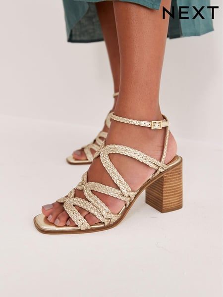 Gold Signature Leather Plait Strap Block Heel Sandals (M68301) | € 21