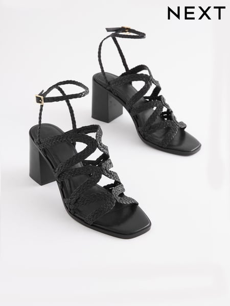 Black Signature Leather Plait Strap Block Heel Sandals (M68304) | € 21