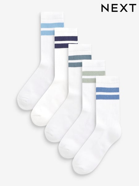 White/Blue 5 Pack Cushioned Footbed Cotton Rich Ribbed Socks (M80207) | € 10 - € 14