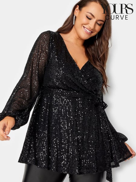 Yours Curve Black London Sequin Long Sleeve Wrap Top (M91906) | € 15