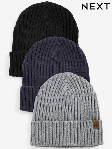 Navy Blue/Grey 3 Pack Knitted Ribbed Beanie Hats (1-16yrs) (M95479) | € 6 - € 13