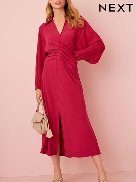 Pink Long Sleeve Ruched Shirt Midi Dress (M96472) | € 26