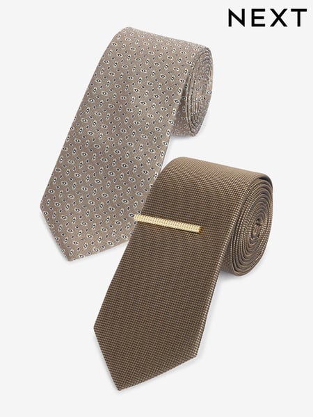 Neutral Brown Textured Ties And Tie Clips 2 Pack (N00265) | € 16