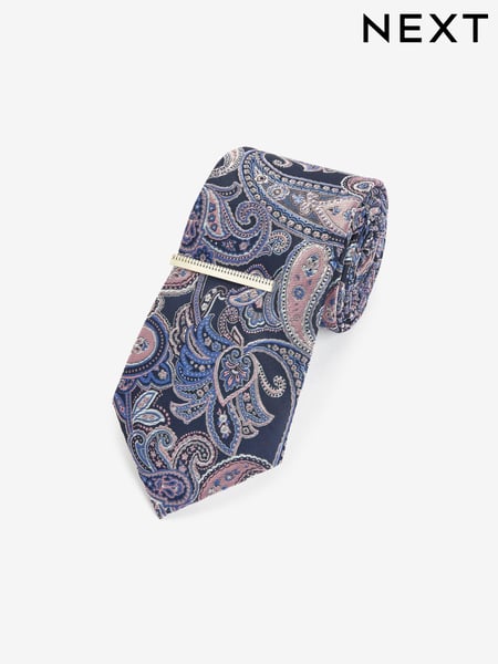 Blue Navy/Pink Paisley Slim Design Tie And Clip (N00378) | € 16