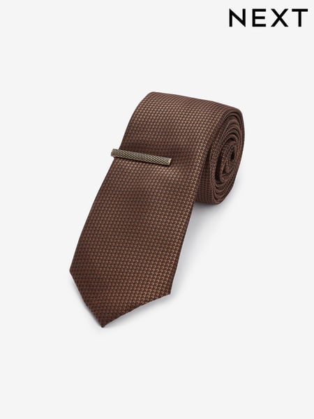 Brown Slim Textured Tie And Clip Set (N00387) | € 14